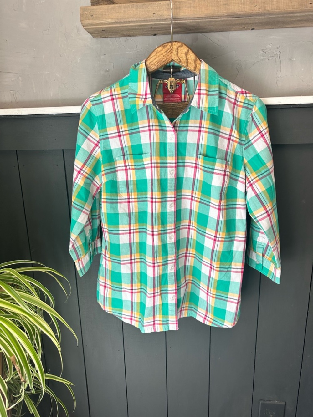 Dickies Teal & White 100% Cotton 3/4 Sleeve Plaid Button-Up Shirt sz L